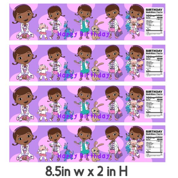 Birthday Party Water Bottle Labels, Purple Cartoon Design, 8.5 x 2 inches - Picture 2 of 5